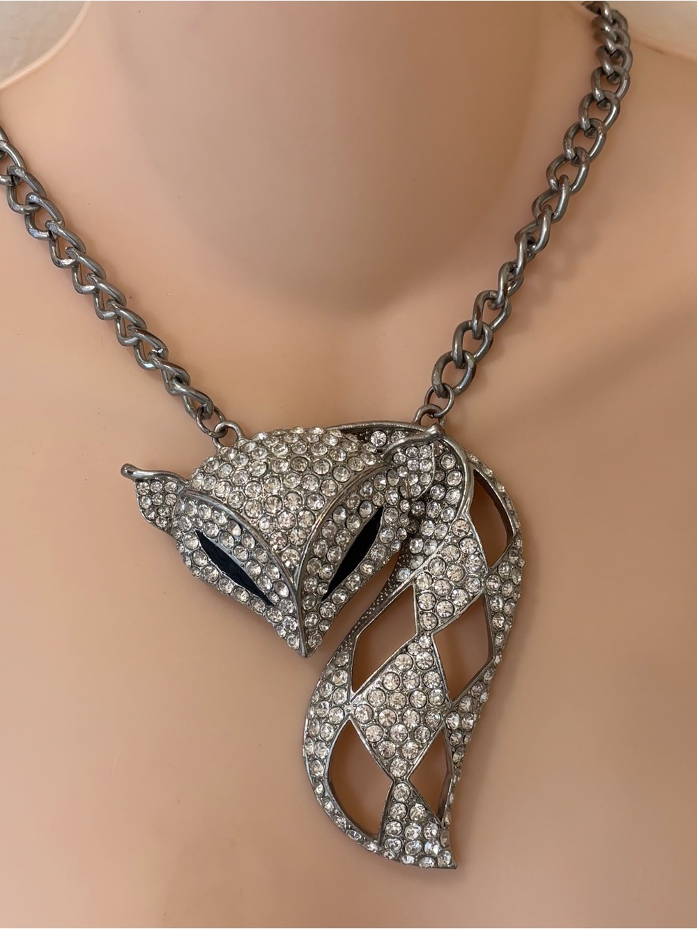 Rhinestone Fox Pendant Necklace - Silver Sparkle